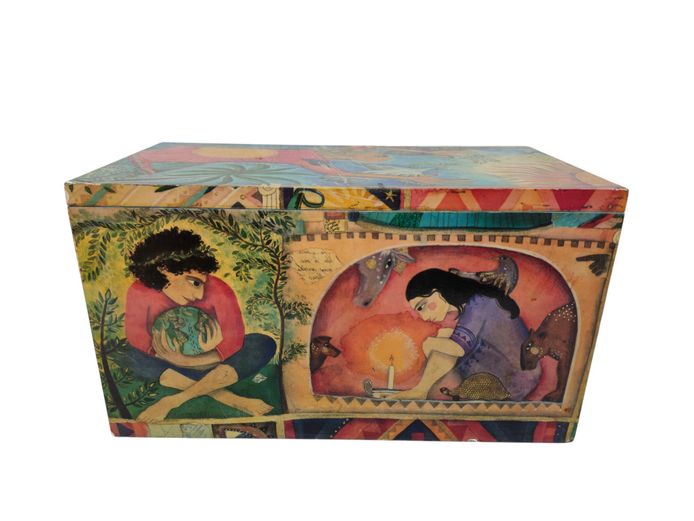 Allegorical Folk Art Decoupage Wooden Keepsake Box