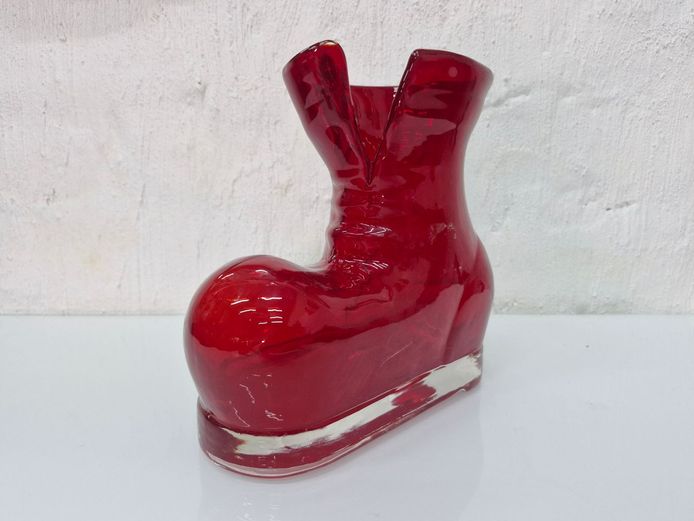 Vintage Ruby Red Blown Glass Santa Boot Vase