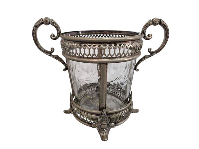Victorian Era Silver Plated Ice Bucket with Crystal Glass Liner 