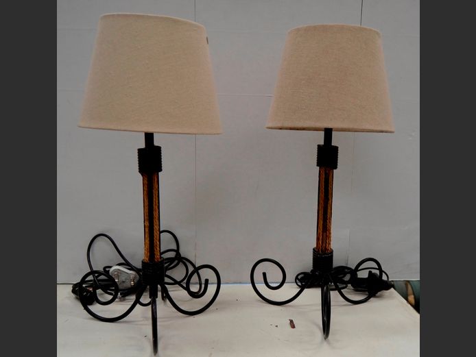 PAIR METAL BEDSIDE LAMPS WITH BEIGE SHADES, 45cm High