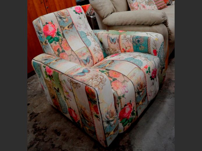 BUTTERFLY & FLORAL PATTERNED UPHOLSTERED ARMCHAIR