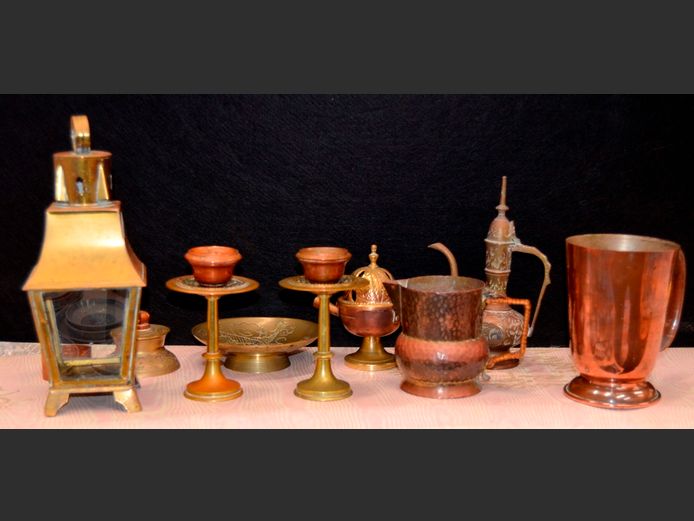 BRASS CANDLESTICKS, COPPER BEER MUG, BRASS BOWL, etc