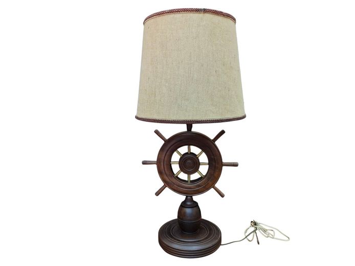 Vintage Nautical Style Wood & Brass Wheel Lamp