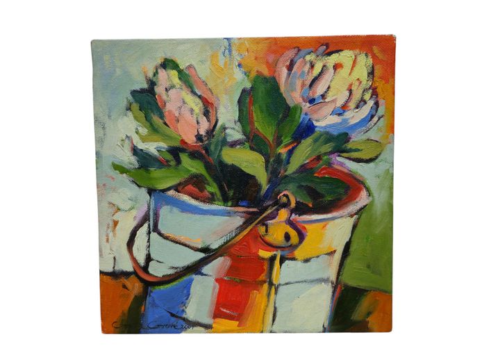 Gerda Grove (SA) Expressionist Floral Oil Painting "Proteas in Bucket" (2007)
