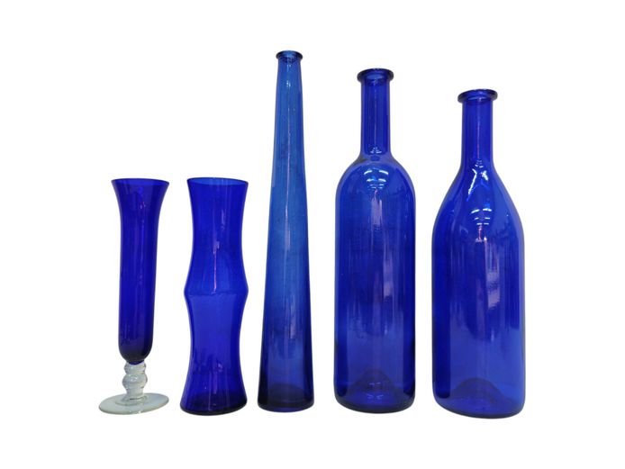 Collection of Cobalt Blue Glass Vases and Vintage Bottles