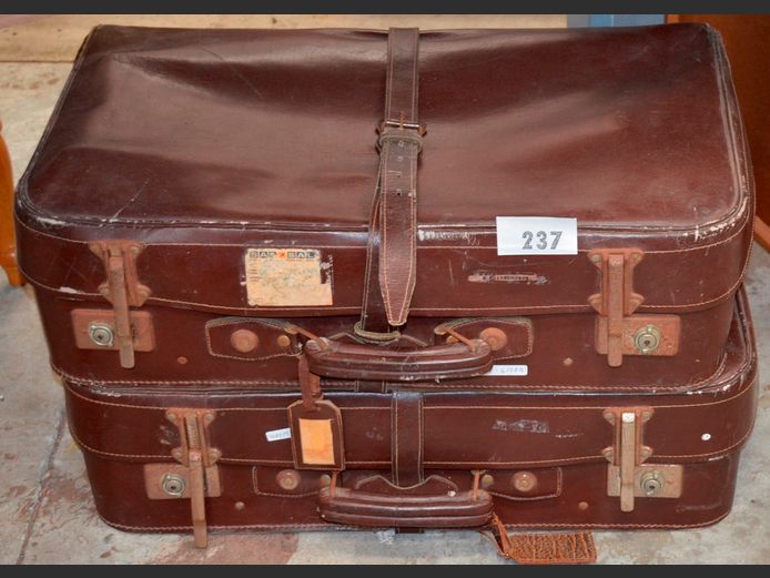 PAIR VINTAGE BROWN LEATHER SUITCASES
