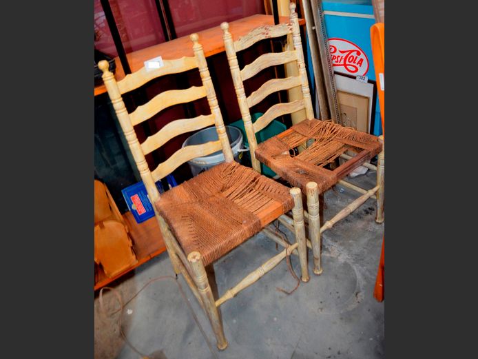 PAIR CREAM PAINTED DINING CHAIRS WITH ROPE SEATS [In need of restoration]