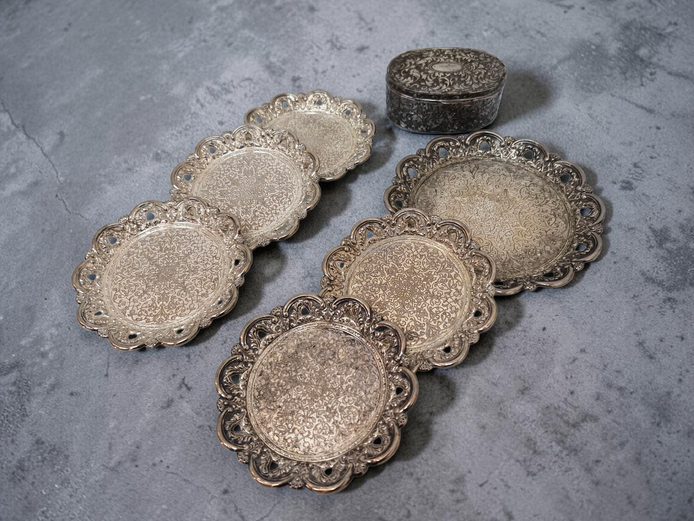 Vintage Ornate Silver-Tone Coaster & Trinket Box Set