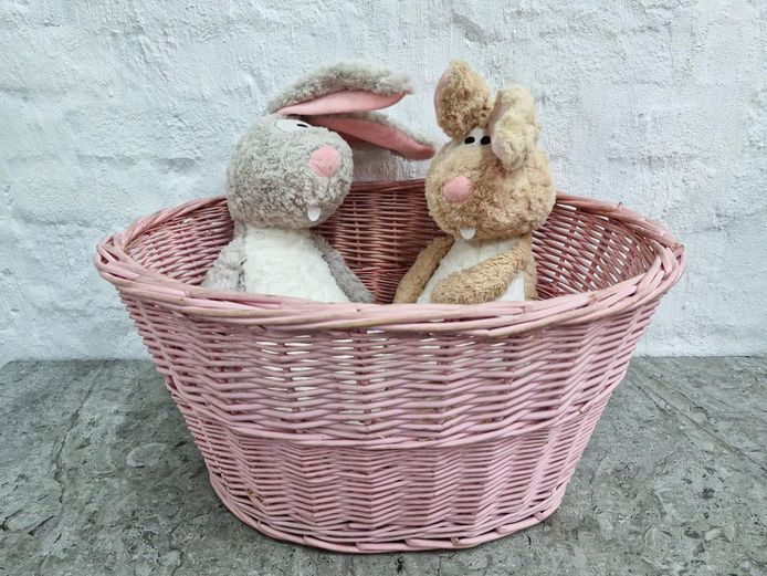 Pink Woven Wicker Basket Lot with Pair of Plush Easter Bunny Rabbits