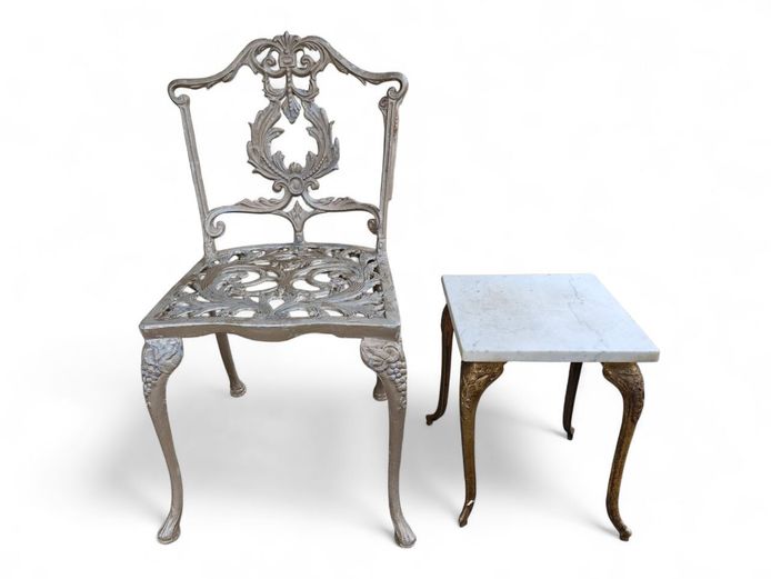 Vintage Cast Aluminum Chair & Marble Top Brass Table