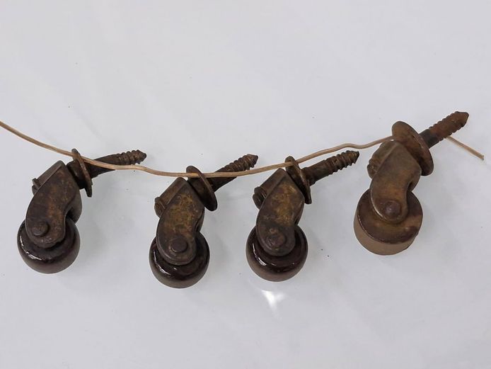 Antique Brass & Brown Porcelain Threaded Stem Furniture Casters