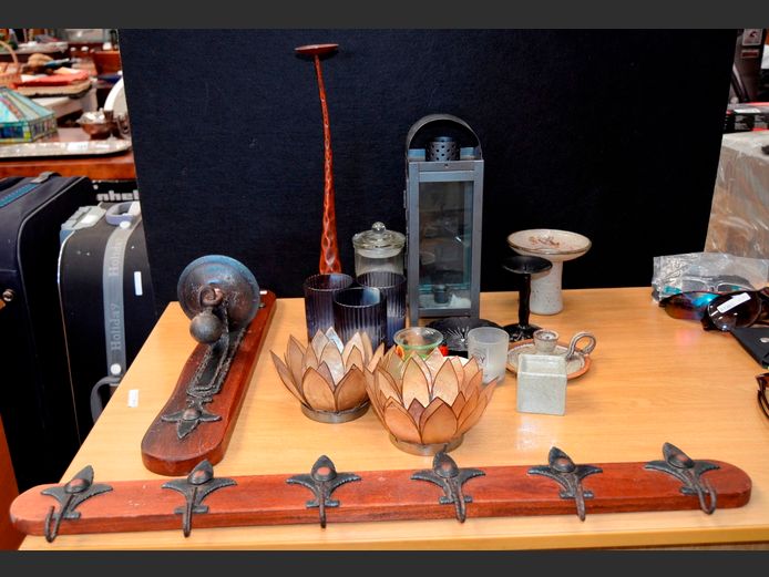 WOOD & WROUGHT IRON WALL MOUNT COAT HOOK WITH MATCHING WALL MOUNT CANDLE HOLDER, CANDLE HURRICANE LANTERN, etc