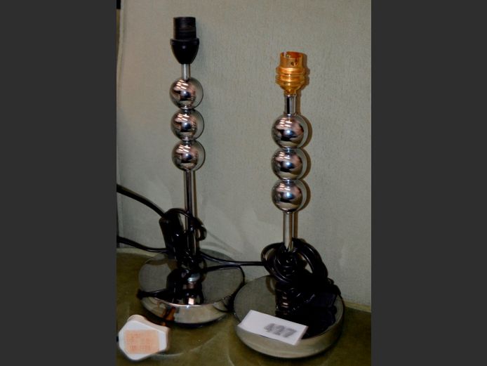 LOT OF 2: CHROME BEDSIDE LAMPS [No shades], 35cm & 33cm high