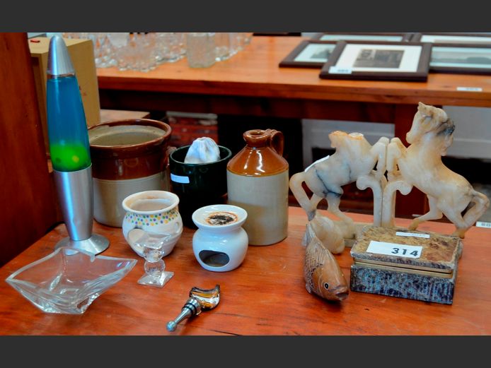 SMALL STONEWARE FLAGON, LAVA LAMP, BOOKENDS [Damaged], etc