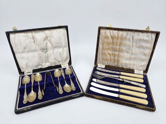 Vintage Cased Teaspoons, Sugar Tongs, and Firth Stainless Butter Set
