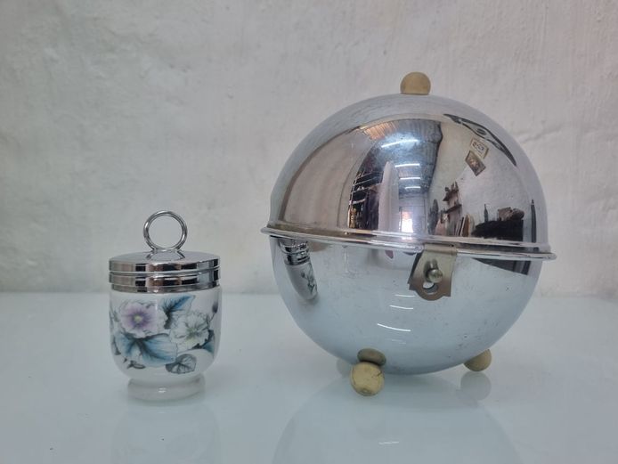 Vintage Chrome "Globe" Ice Bucket & Floral Ceramic Egg Coddler