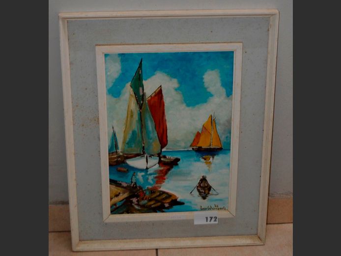 FRAMED & SIGNED OIL ON BOARD "FISHING BOATS" SIGNED A. PRINSLOO, 49 x 34cm