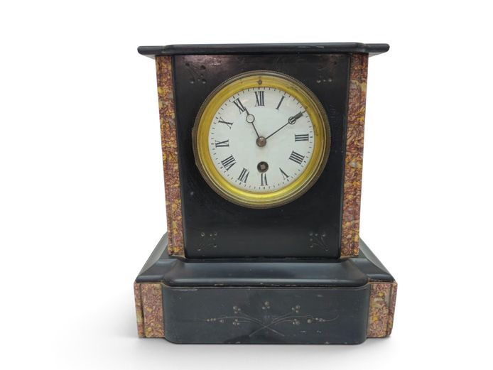 Antique French Black Slate & Rouge Marble Mantel Clock