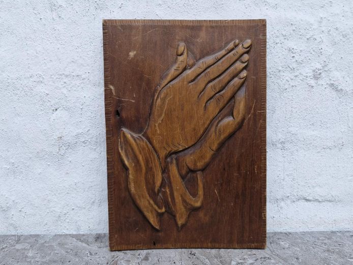 Hand-Carved Wooden Relief Plaque with Praying Hands Motif