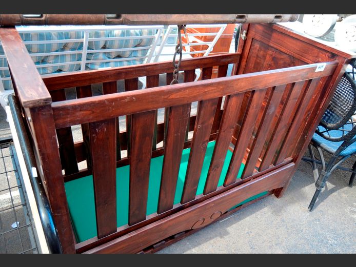 STAINED PINE COT FRAME, 144 x 76 x 103cm [Needs some repairs]