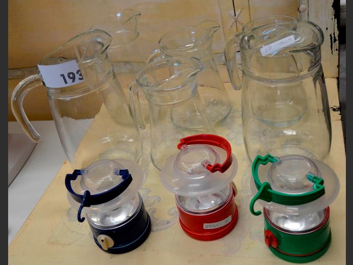 GLASS WATER JUGS & L.E.D. LANTERNS [Untested]