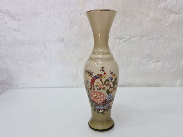 Vintage Opaque Beige Glass Vase with Peacock and Floral Motif