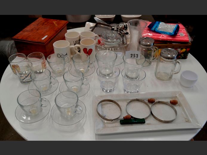 WOODEN JEWELLERY BOX, GLASS JUG, MUGS, KITCHEN UTENSILS, etc