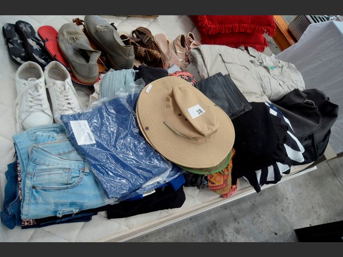 ASSORTED LADIES & MEN'S CLOTHING & A LEATHER BAG WITH SHOES [6,7]