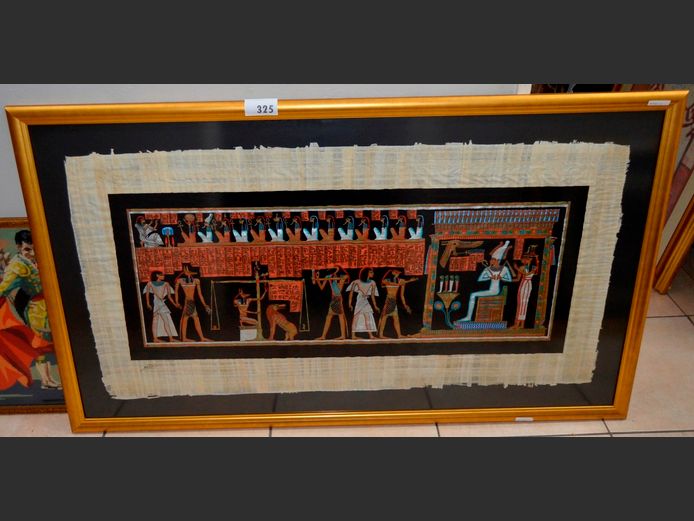 LARGE GILT FRAMED PAPYRUS PAINTING "JUDGEMENT DAY", 109 x 44cm