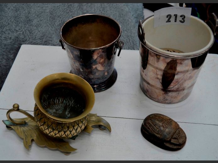 LOT: SILVER PLATE ICE BUCKETS, SCARAB ORNAMENT, etc