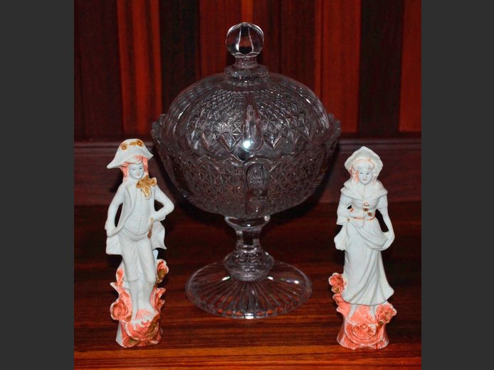 CUT GLASS SWEETS DISH WITH LID, 15cm Diameter x 23cm High, & PAIR CERAMIC FIGURINES, 16cm High [45,47]