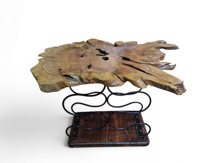 Live-Edge Style Wood Top & Metal Wine Rack Side Table