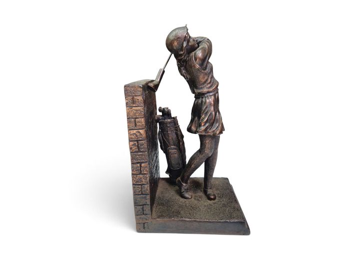 Vintage Bronze-Finish Resin Female Golfer Sculpture Bookend