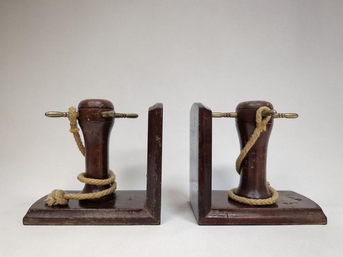 Pair of Mid-Century Nautical Capstan & Ship's Wheel Wooden Bookends
