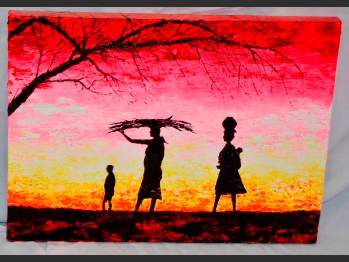 UNFRAMED OIL ON CANVAS "AFRICAN LADIES" SIGNED STUART, 61 x 45.5cm