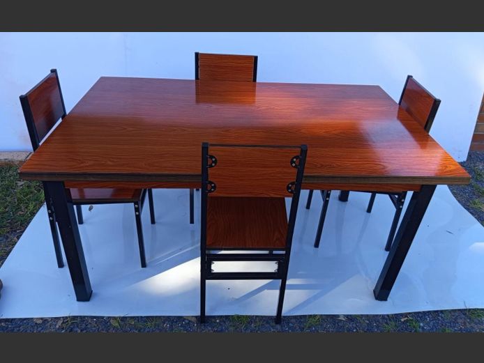 CHERRY FOIL & METAL BASE 4-SEATER DINING TABLE WITH MATCHING CHAIRS, 148 x 89 x 73cm