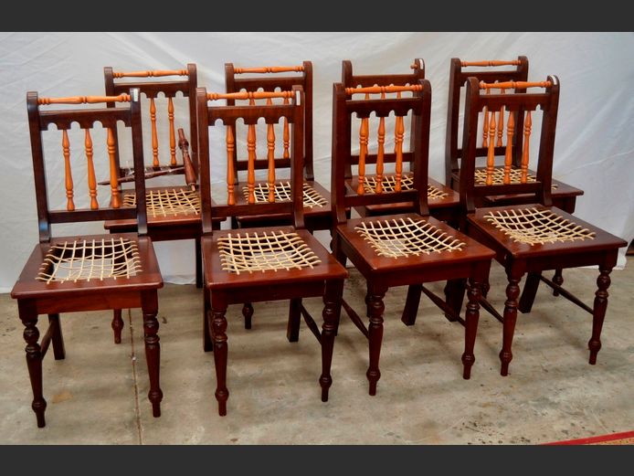 SET OF 8 YELLOWWOOD & IMBUIA DINING CHAIRS WITH RIEMPIE SEATS [2 Chairs in need of repairs]