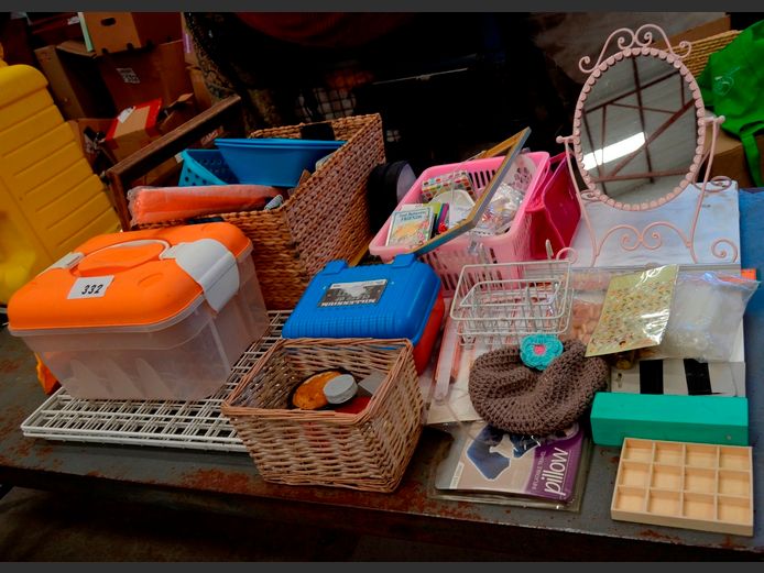 METAL VANITY MIRROR, SEAGRASS BASKET WITH CONTENTS, etc