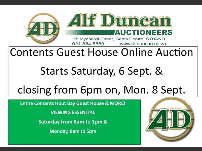 Entire Contents Hout Bay Guest House - Timed Online Auction
