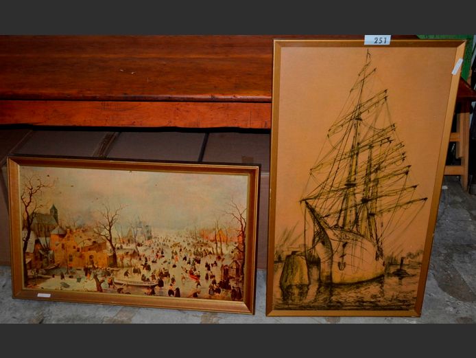 LOT OF 2 FRAMED PICTURES "BOAT" & "VILLAGE SCENE", 48.5 x 88.5cm & 78 x 44cm