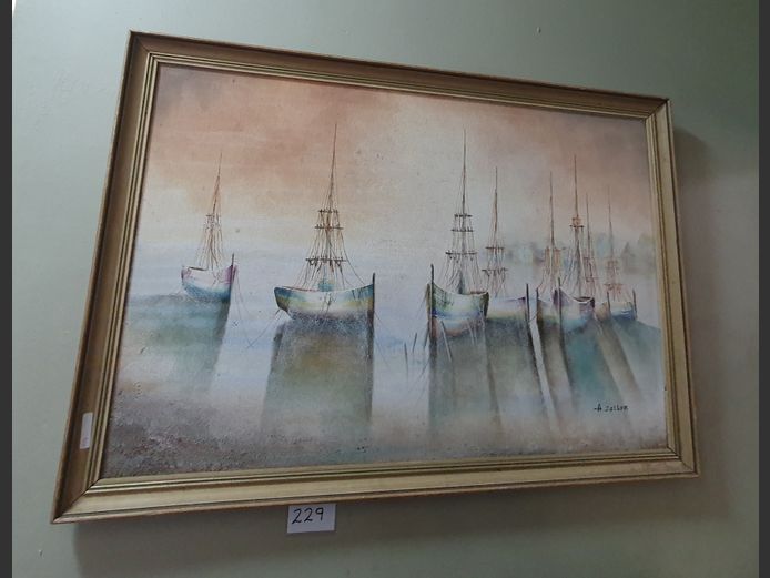 FRAMED OIL ON BOARD "FISHING BOATS" SIGNED A ZELLER