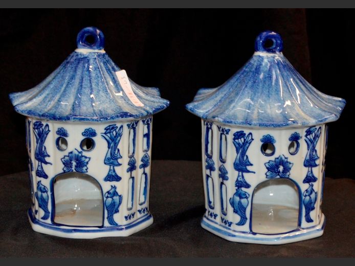 PAIR BLUE & WHITE CERAMIC LANTERNS, 21cm High
