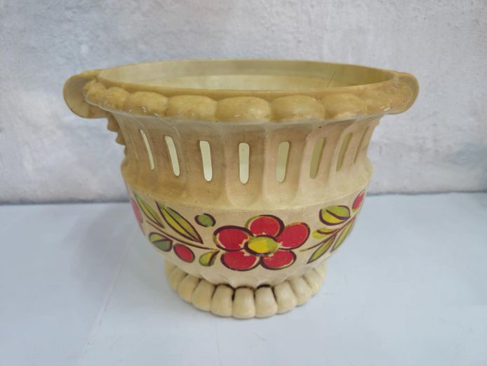 Vintage Plastic Planter with Floral Hand-Painted Design