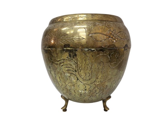 Antique Chinese Etched Brass Dragon Planter Bowl (1.7kg)