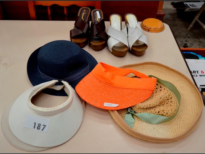 LOT: 2 x PAIRS LADIES WEDGES [Size 5] & SUN HATS