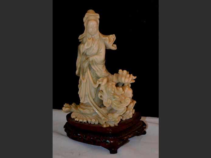 CARVED JADE FIGURINE OF A CHINESE MAN, 21cm High [Incl. stand]