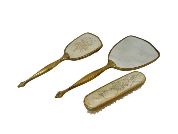 Vintage Brass and Embroidered Silk Petit Point Three-Piece Boudoir Vanity Set
