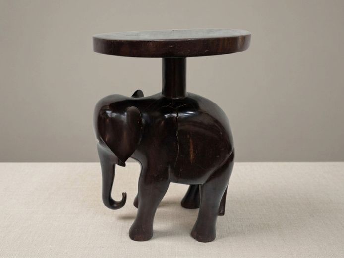 Hand-Carved Dark Wood Elephant Plant Stand, Mid-20th Century