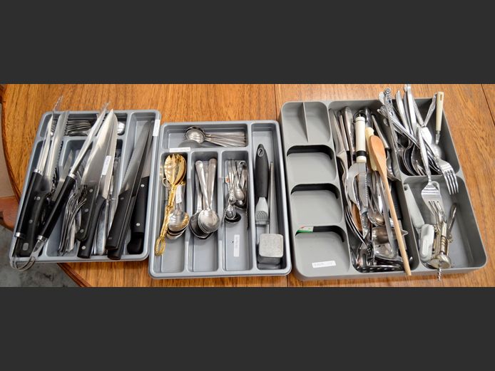 KITCHEN UTENSILS, CUTLERY, etc IN TRAYS
