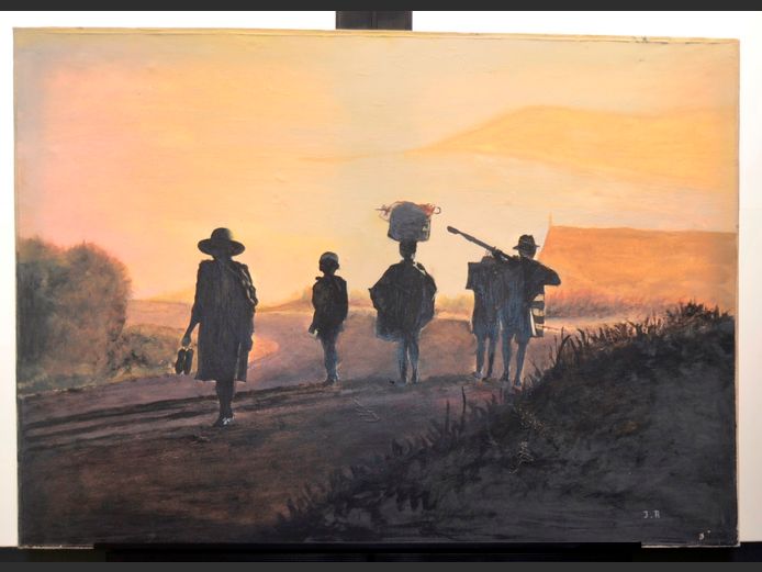 UNFRAMED OIL ON CANVAS "WALKING VILLAGERS" SIGNED J.R., 70 x 50cm